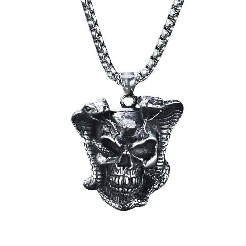 Cobra skull gothic necklace hanging on wheat bead chain - full length display