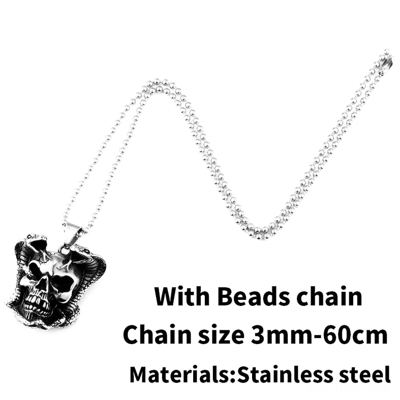 Cobra skull pendant with bead chain flat lay - 60cm stainless steel necklace