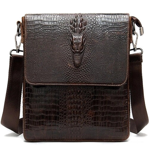 Coffee brown crocodile embossed leather messenger bag - dark vintage shoulder bag for men with textured reptile pattern