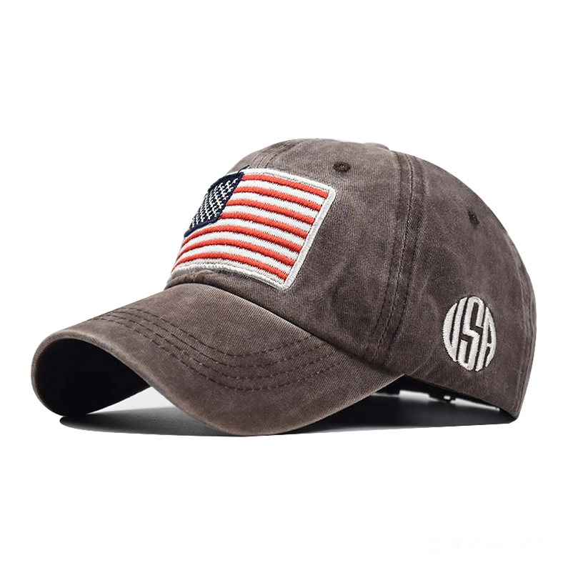 Coffee brown washed cotton gothic USA flag baseball cap, minimalist design dark aesthetic headwear