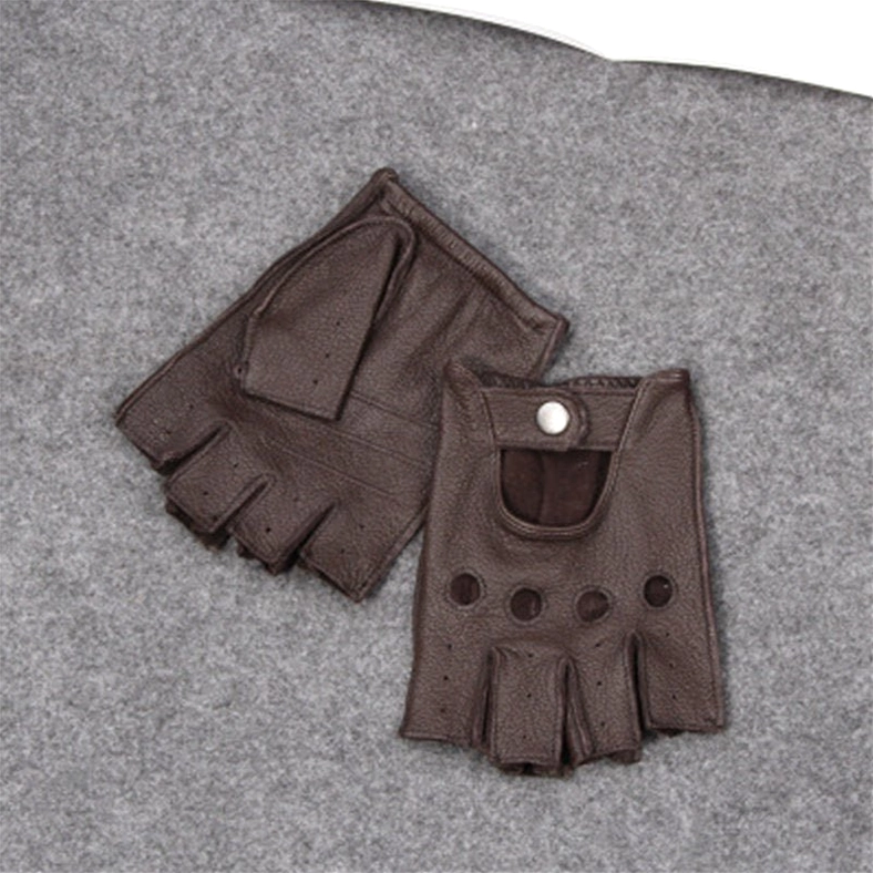 Dark coffee brown half-finger leather gloves showing side profile with snap button wrist strap and perforated holes