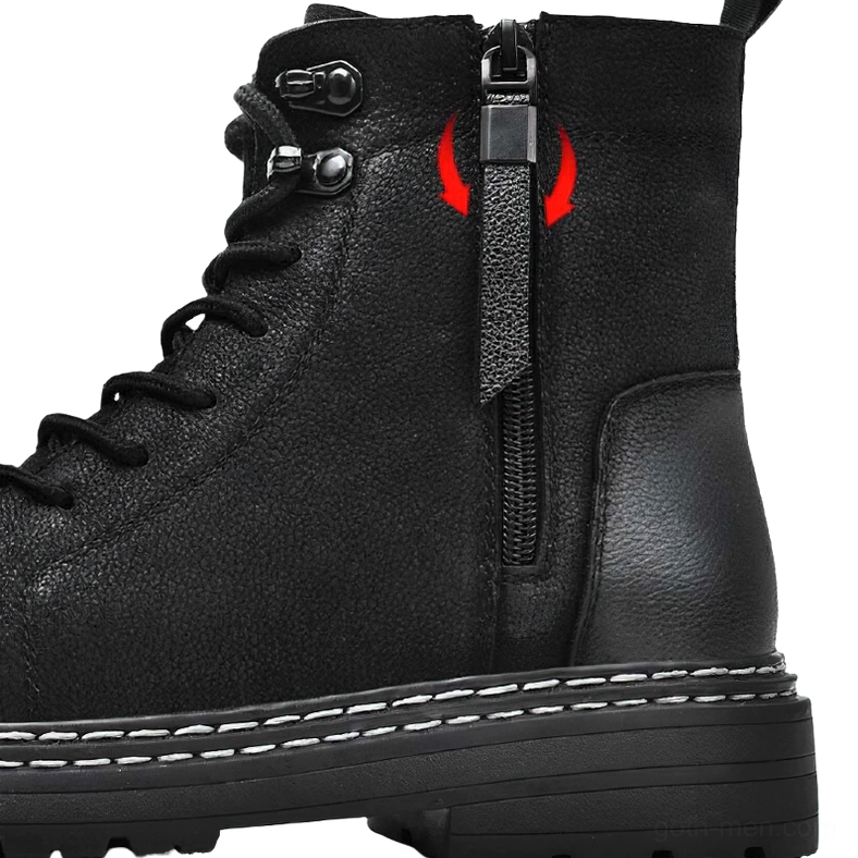 Close-up side detail of men's black combat boots showing side zipper and contrast stitched sole