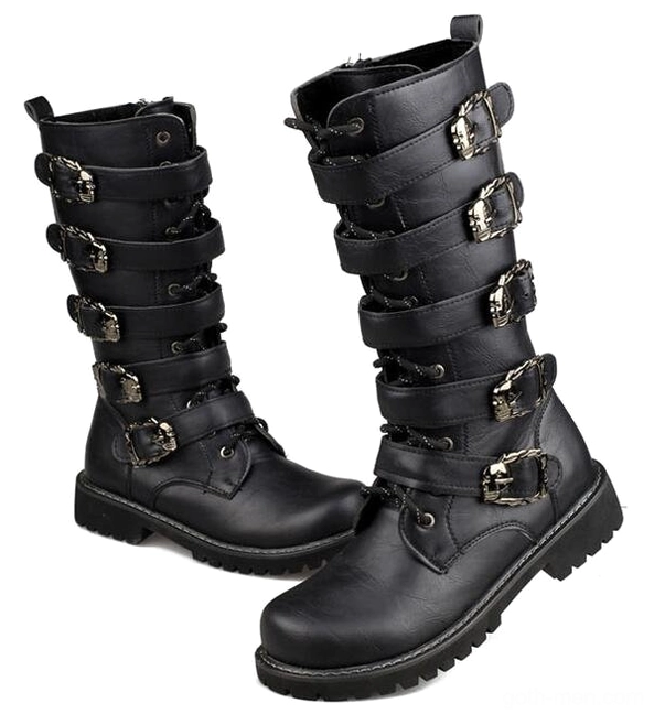 Pair of black mid-calf goth boots with stacked buckle straps and heavy-duty rubber soles side view