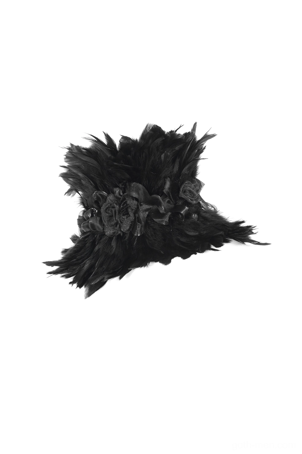 Small black gothic feather neck collar side view flat lay, compact design