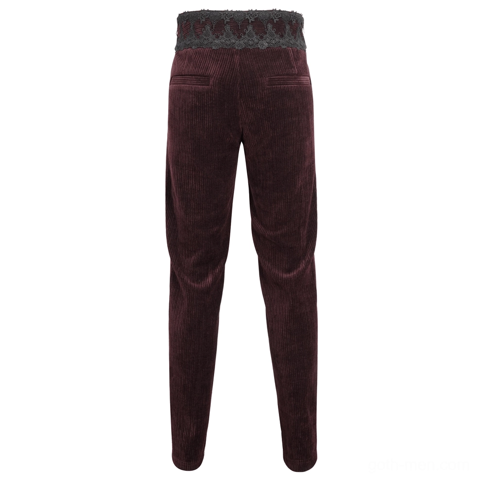 Rear flat view of wine red lace-trimmed corduroy trousers showing back pocket design and gothic styling details