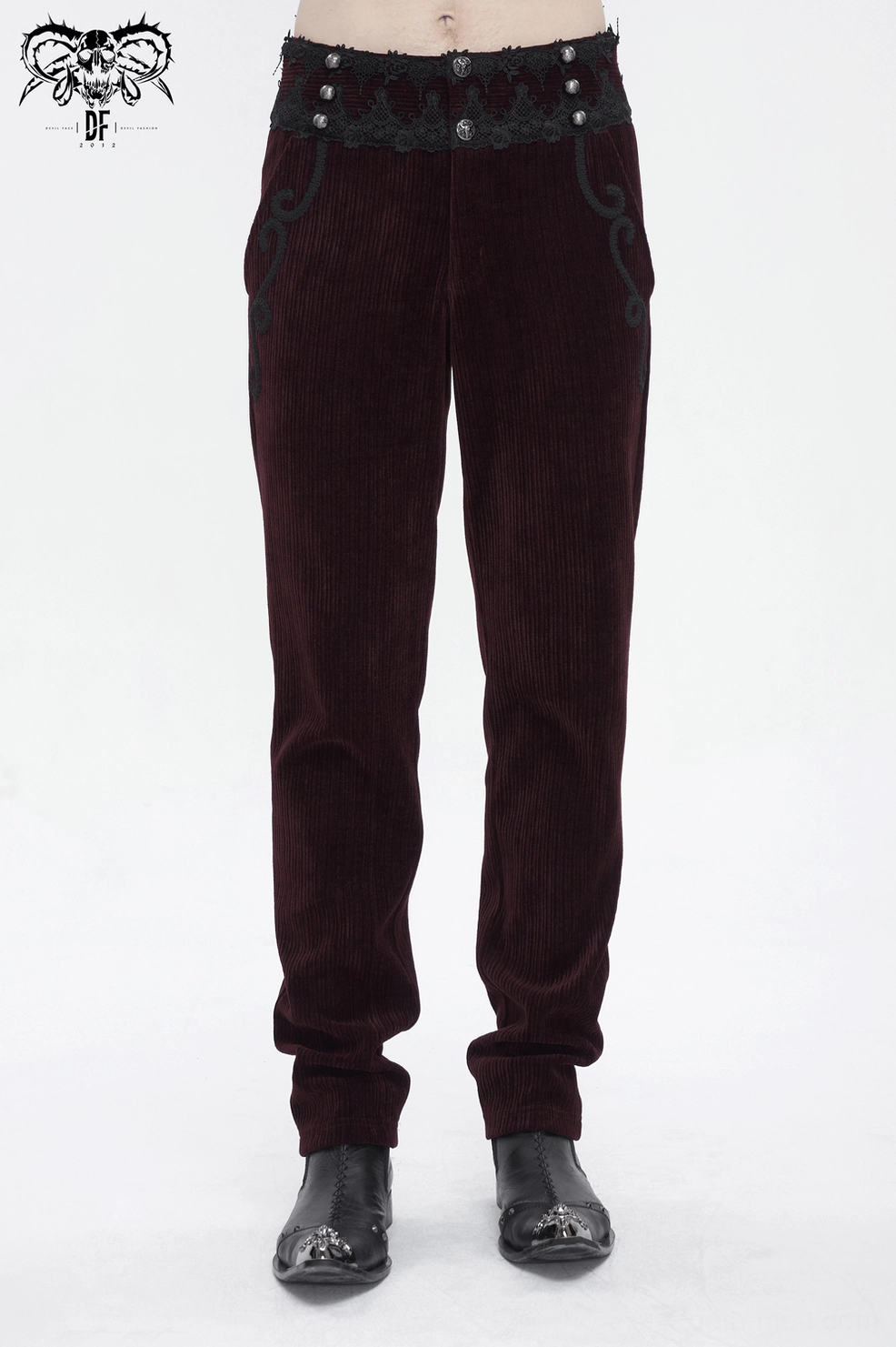 Styling perspective of wine red corduroy gothic trousers with decorative elements and alternative fashion aesthetic