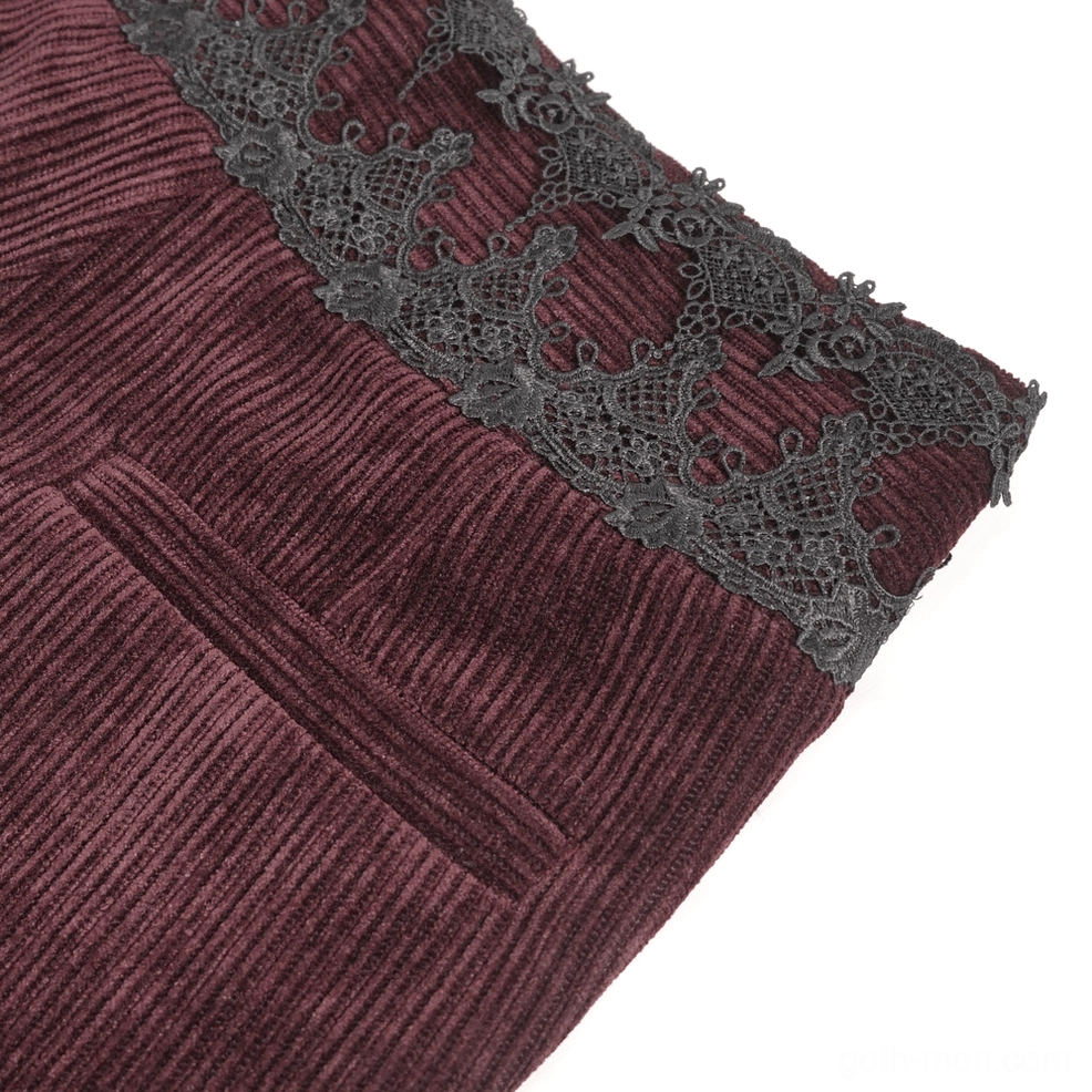 Back pocket close-up of wine red corduroy gothic trousers showing fabric quality and tailoring craftsmanship