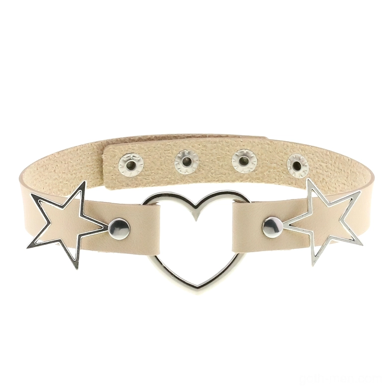 Cream colored PU leather choker with silver metal heart and star accents, flat lay display of adjustable gothic choker necklace