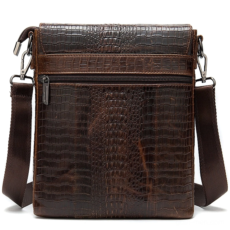 Coffee brown gothic leather bag front pocket - metal zipper hardware and crocodile texture detail on men's vintage messenger