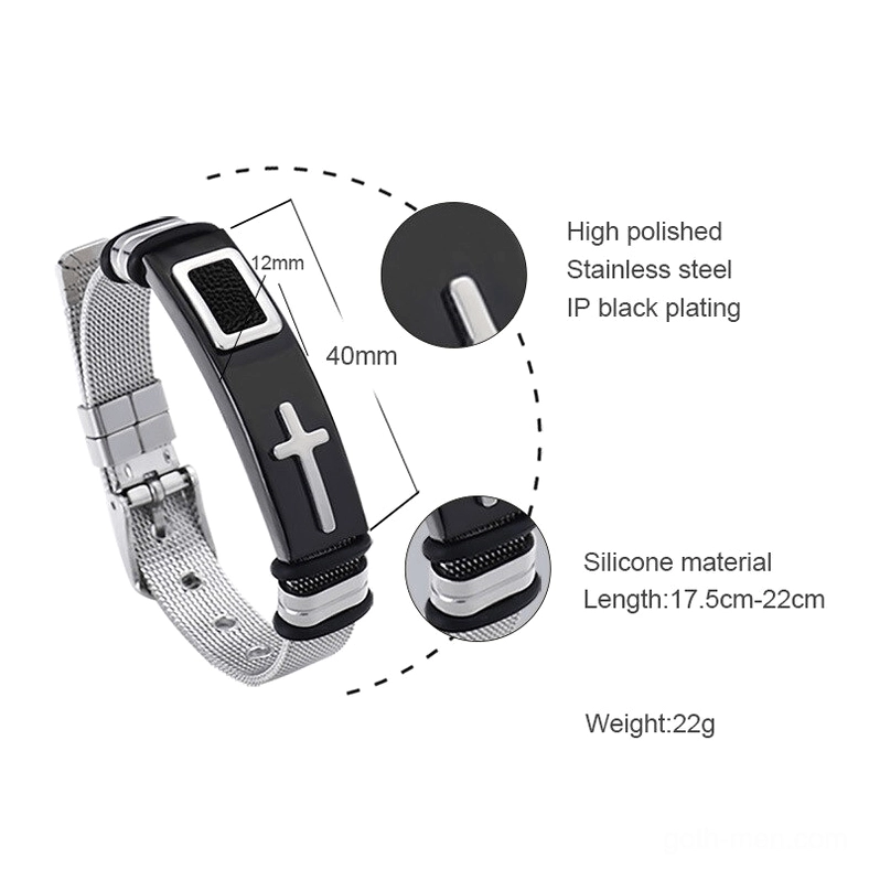 Close-up detail view of stainless steel cross bracelet showing high polish, IP black coating, mesh band construction, and cross ornament specifications