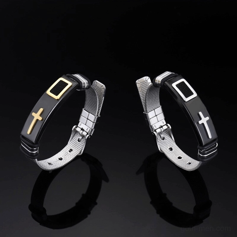 Gothic cross stainless steel mesh bracelets shown in side reflective view on black glossy studio background highlighting multiple color options