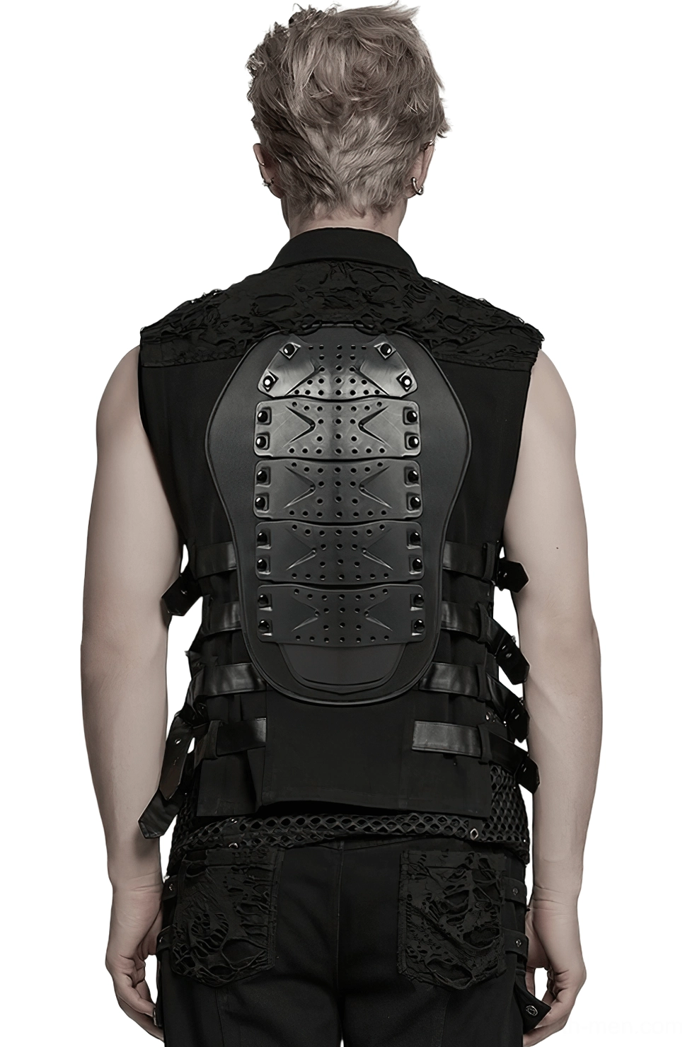 Protective armor back panel on cyberpunk gothic vest - perforated geometric design with distressed base fabric and studded leather straps