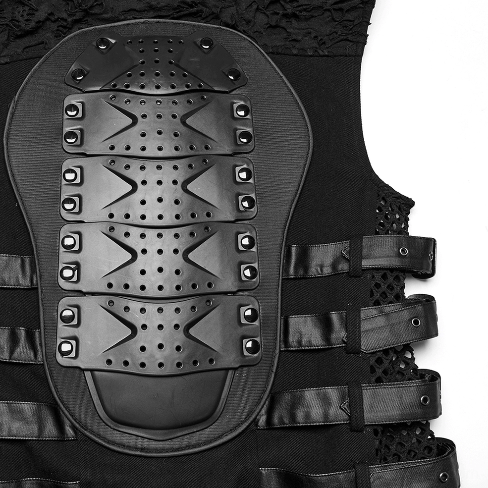 Armored cyberpunk gothic vest construction detail - layered fabric textures, mesh panels, distressed knit sections, and industrial strap assembly