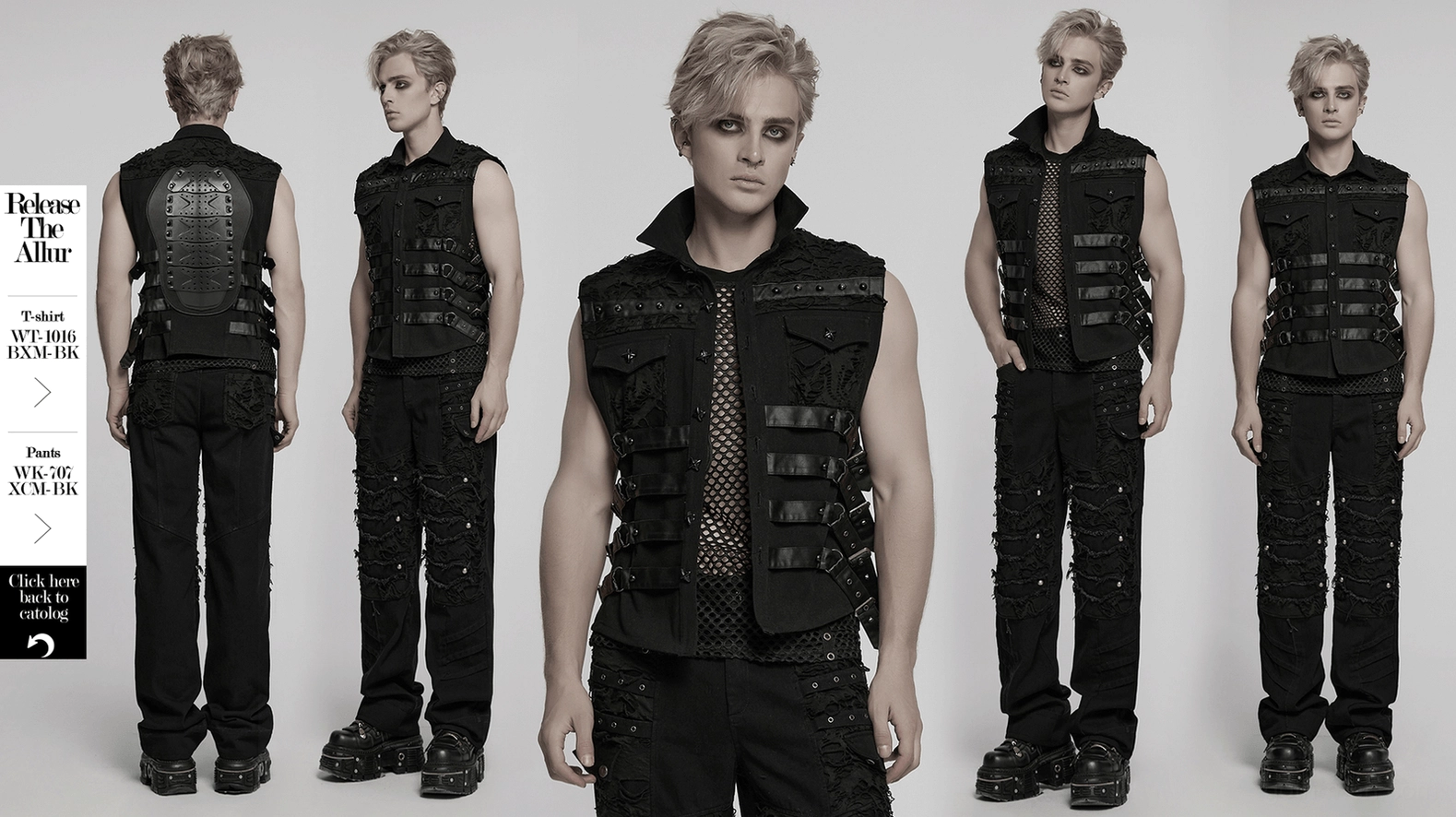 Cyberpunk gothic vest main product shot - black distressed woven fabric, mesh underlays, metal hardware, armor spine, industrial aesthetic complete