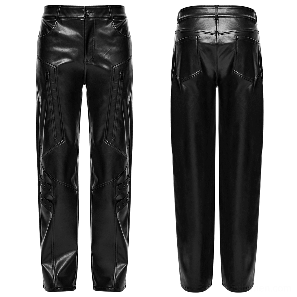Black cyberpunk leather pants flat lay front thigh zipper and decorative details