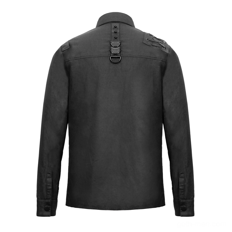 Black tactical harness shirt back flat view showing buttoned cuffs and rear buckle system