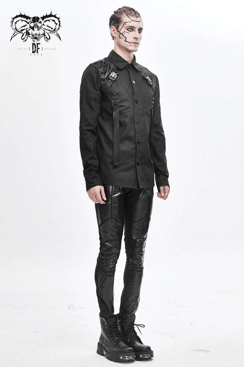 Black tactical cyberpunk gothic shirt back quarter view displaying rear harness system
