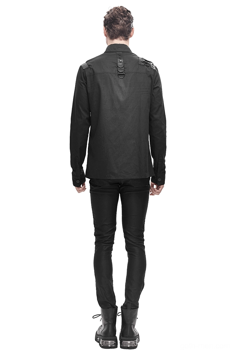 Black gothic tactical shirt back view showing rear harness buckle system and styling with combat boots