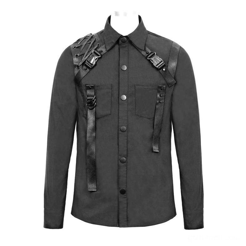 Black cyberpunk tactical harness shirt flat lay front display with dual chest pockets and webbing straps