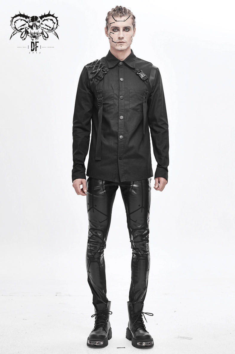 Cyberpunk tactical harness shirt front quarter view showing design architecture and proportions