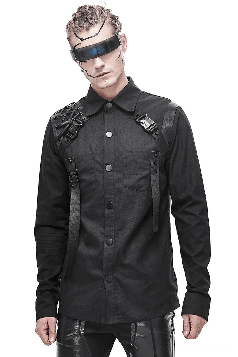 Men's black cyberpunk tactical harness shirt front view on male model with techwear styling