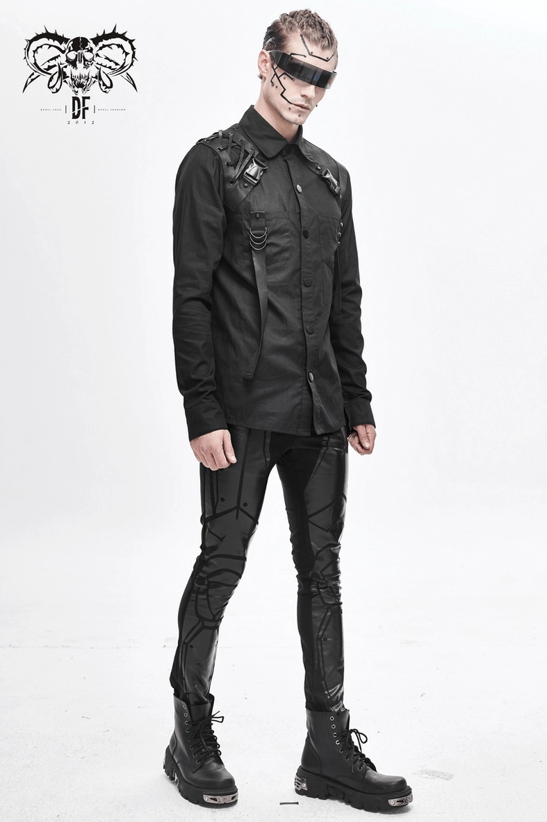Black gothic cyberpunk tactical shirt model wear showing contemporary techwear styling