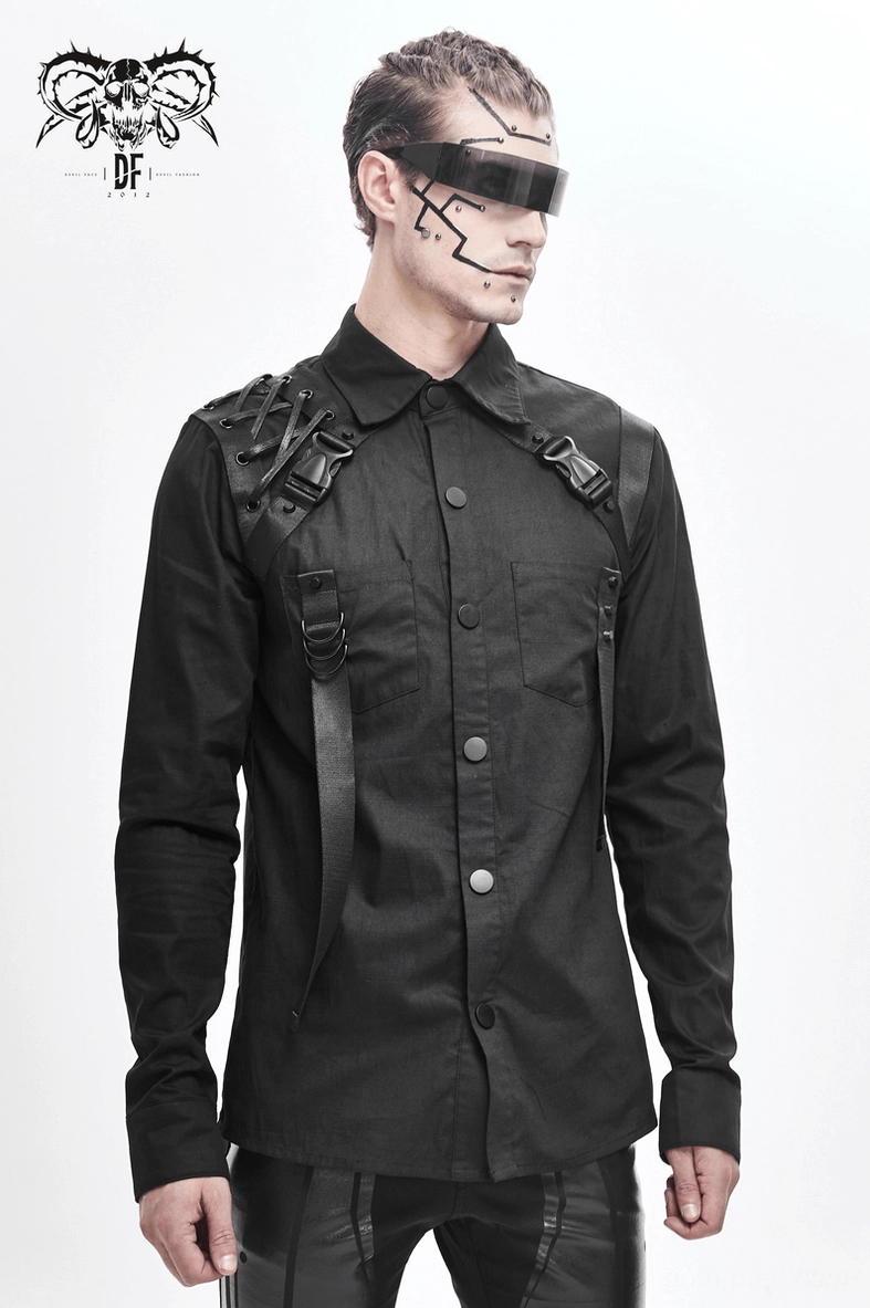 Black cyberpunk gothic tactical shirt side angle showing harness strap configuration and fit