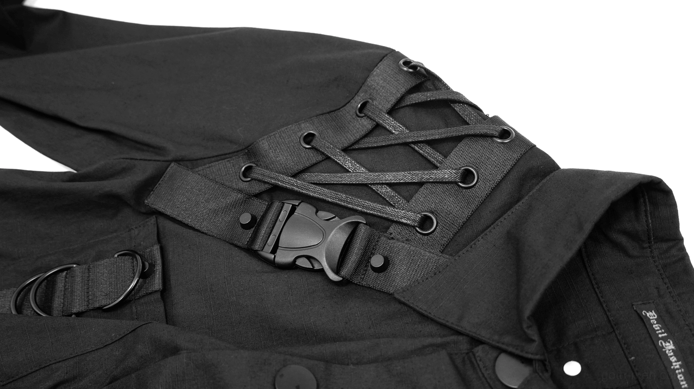 Close-up detail of cyberpunk shirt lace-up webbing and plastic buckle fastening system