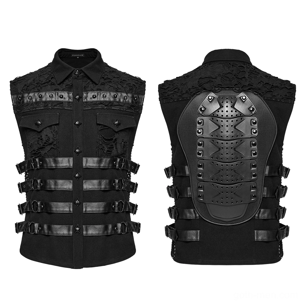 Flat lay front and rear view of armored cyberpunk gothic vest - complete vest design showing distressed sections, leather accents, and metal hardware