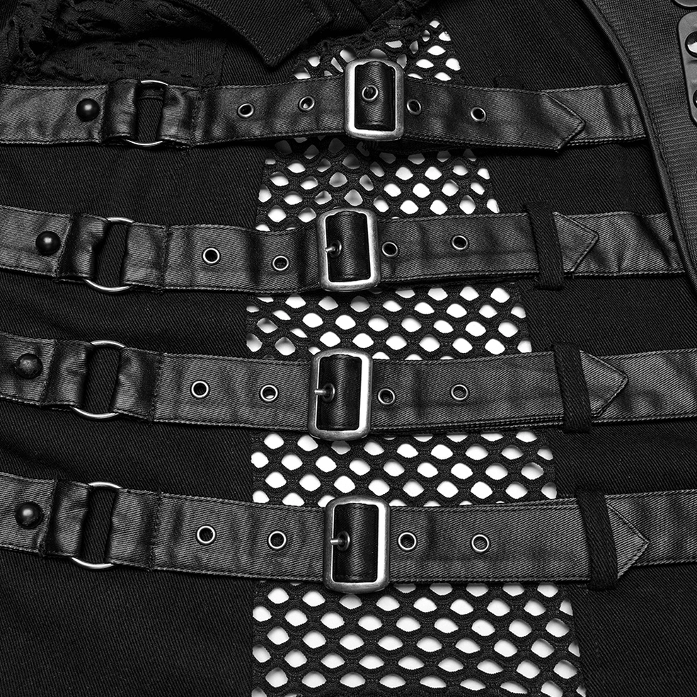 Close-up mesh and hardware detail of cyberpunk gothic vest - fishnet underlayer, metal buckle straps, and industrial fastener components