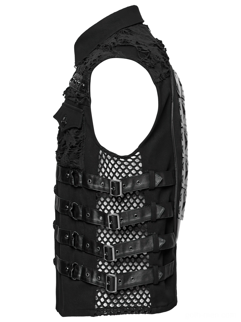 Side view of sleeveless armored cyberpunk gothic vest - showing fishnet mesh inner fabric, adjustable leather side straps, and vest profile