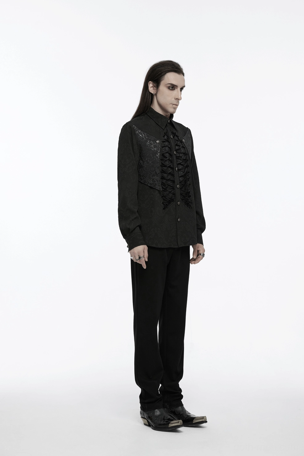 Damask jacquard brocade pattern gothic lace-up men's shirt