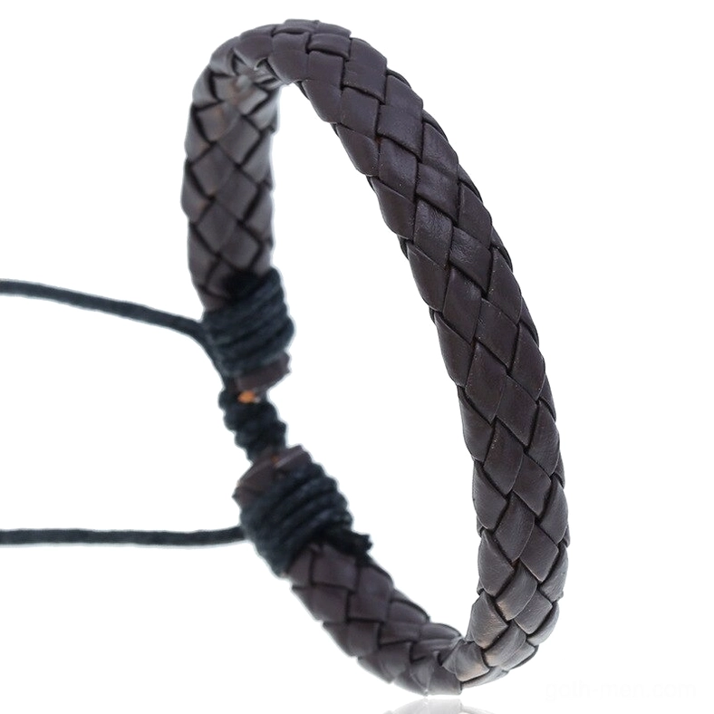 Dark brown solid gothic braided leather bracelet with plain woven texture and adjustable clasp
