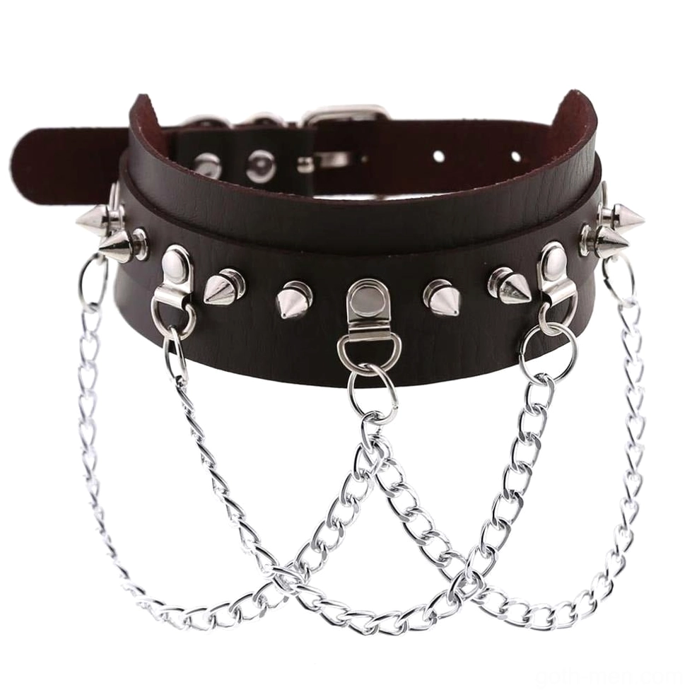 Dark brown vegan leather spiked choker with zinc alloy chain layering and cone spike decorations, product flat lay