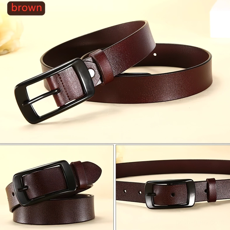 Dark brown genuine leather gothic pin buckle belt with matte black buckle and rose decoration, adjustable unisex