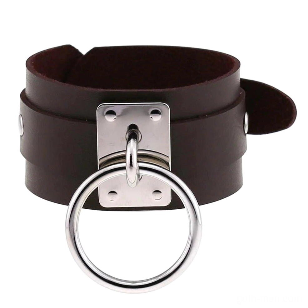 Dark brown leather gothic cuff bracelet with silver metal rings, professional dark fashion