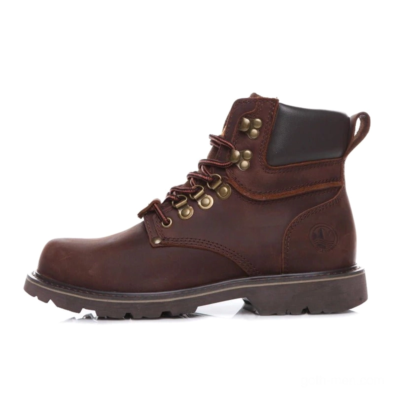 Dark brown full-grain leather military boots with reinforced metal eyelets - lateral side view showing durability and craftsmanship