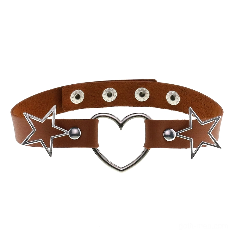 Dark brown leather gothic choker with silver heart pendant and hollow star details, flat lay product shot with adjustable snap closure