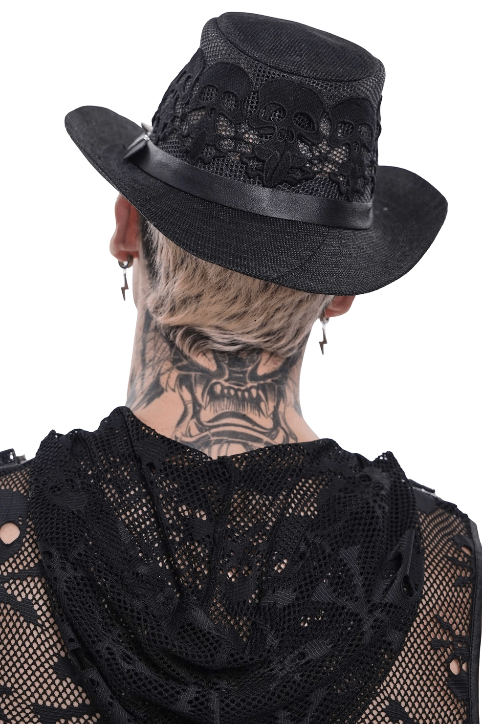 Dark gothic wide brim hat with skull lace mesh and leather band, back view on tattooed model