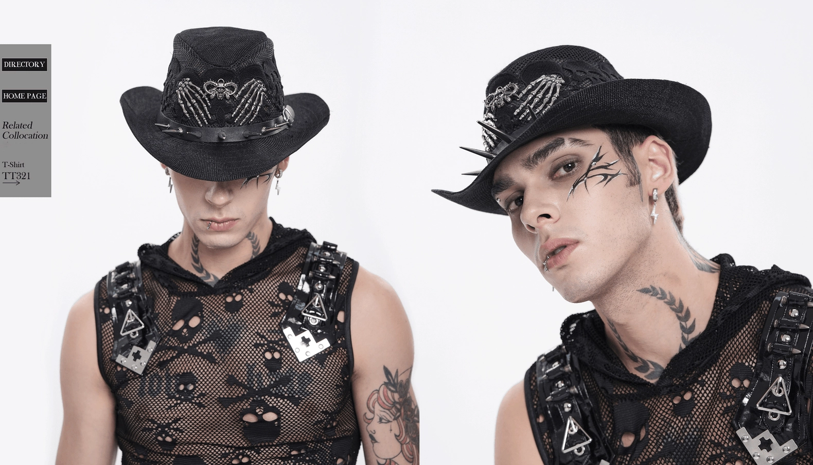 Dark gothic wide brim cowboy hat with intricate skull lace and metal spike border, styling reference