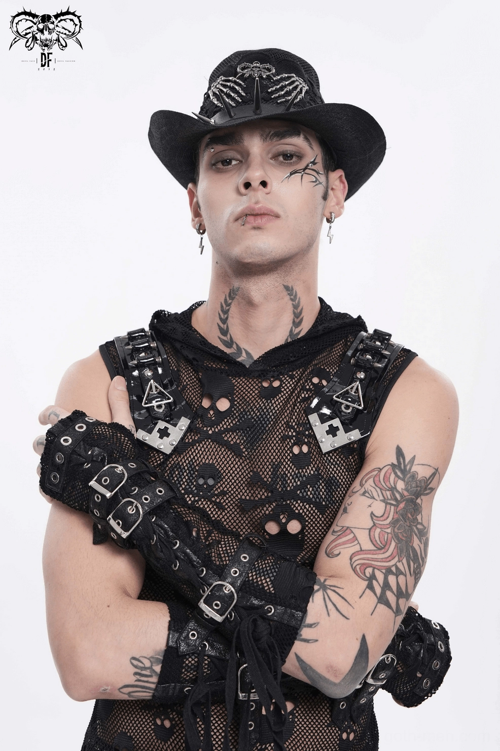 Dark gothic wide brim hat featuring skeleton hands and metal spike embellishments, product showcase