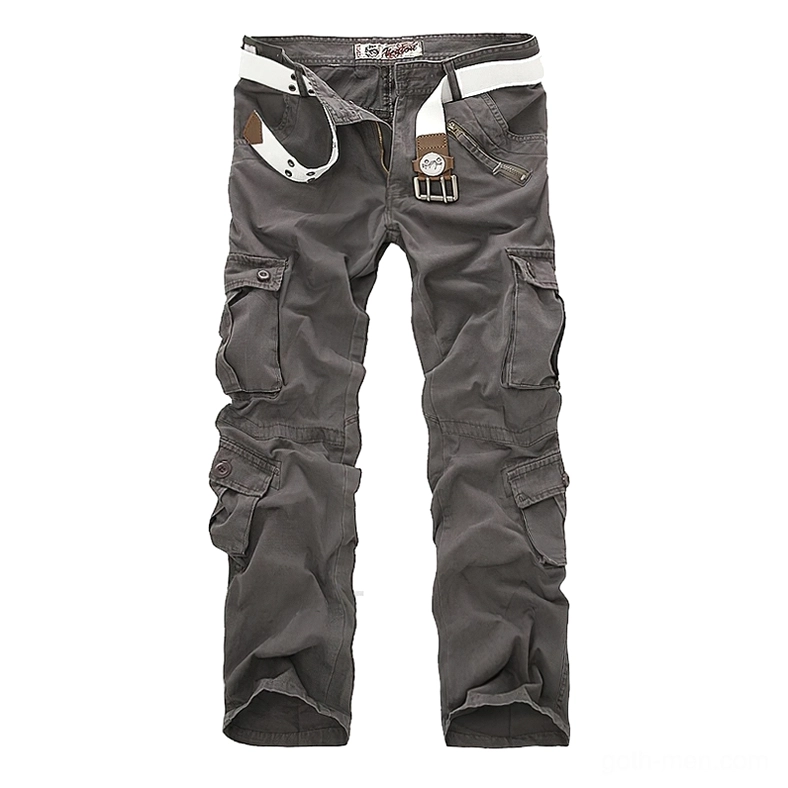 Dark gray cargo trousers front flat lay view with white waist belt - gothic military pants multiple pockets