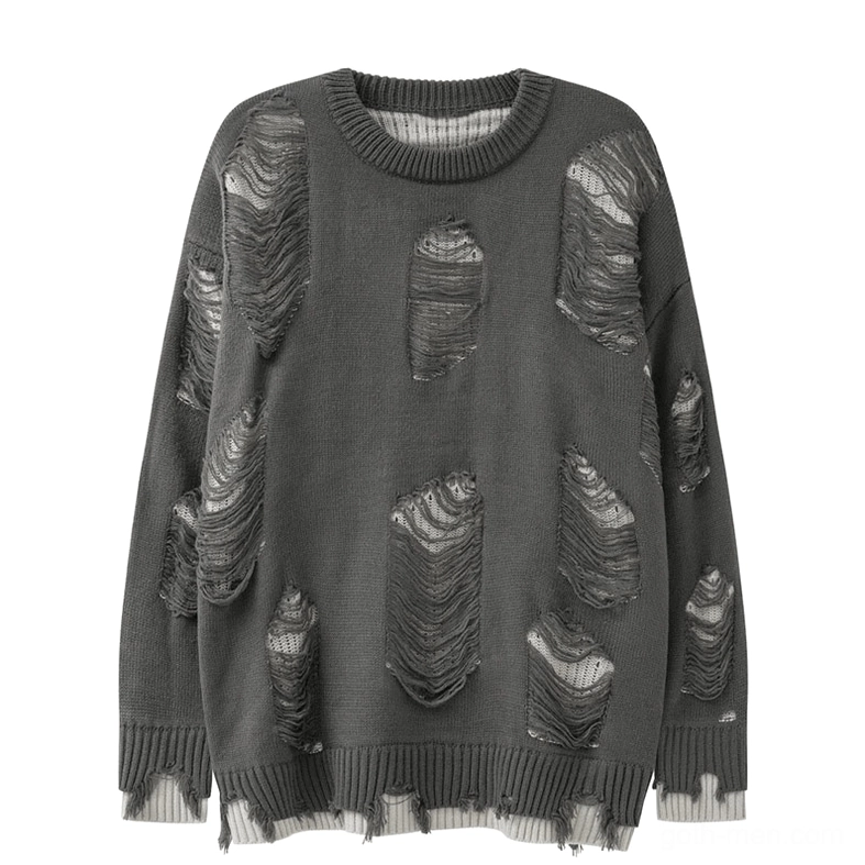 Dark gray oversized gothic sweater with cutout ripped details and crew neck - front flat lay studio shot