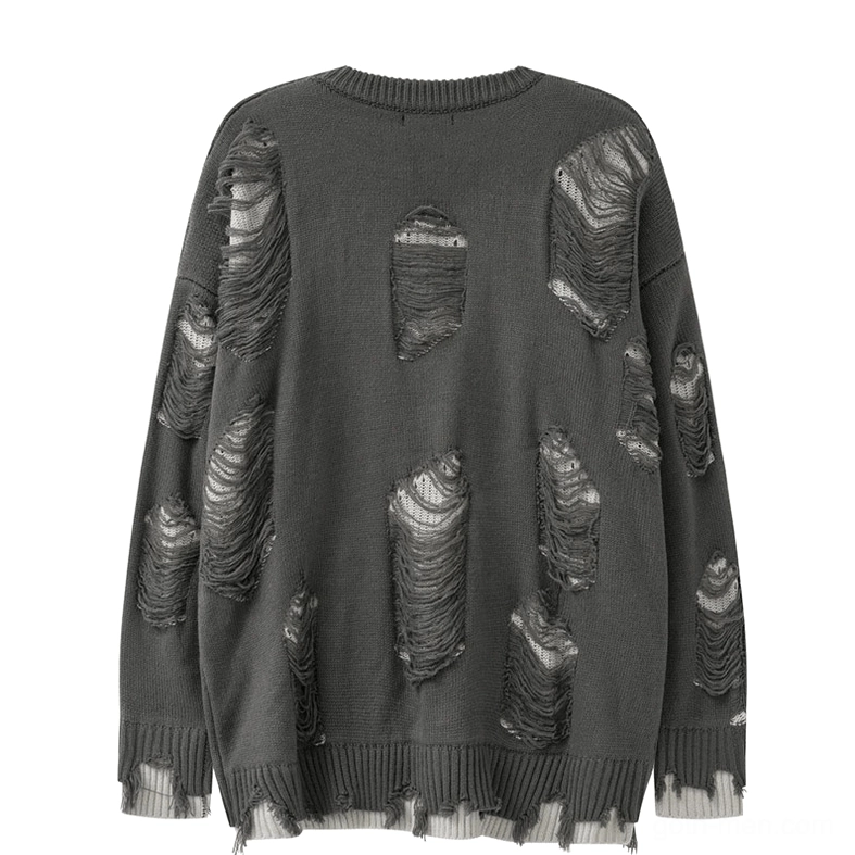 Dark gray oversized gothic sweater back showing ripped patch details and uneven frayed hem - back flat lay