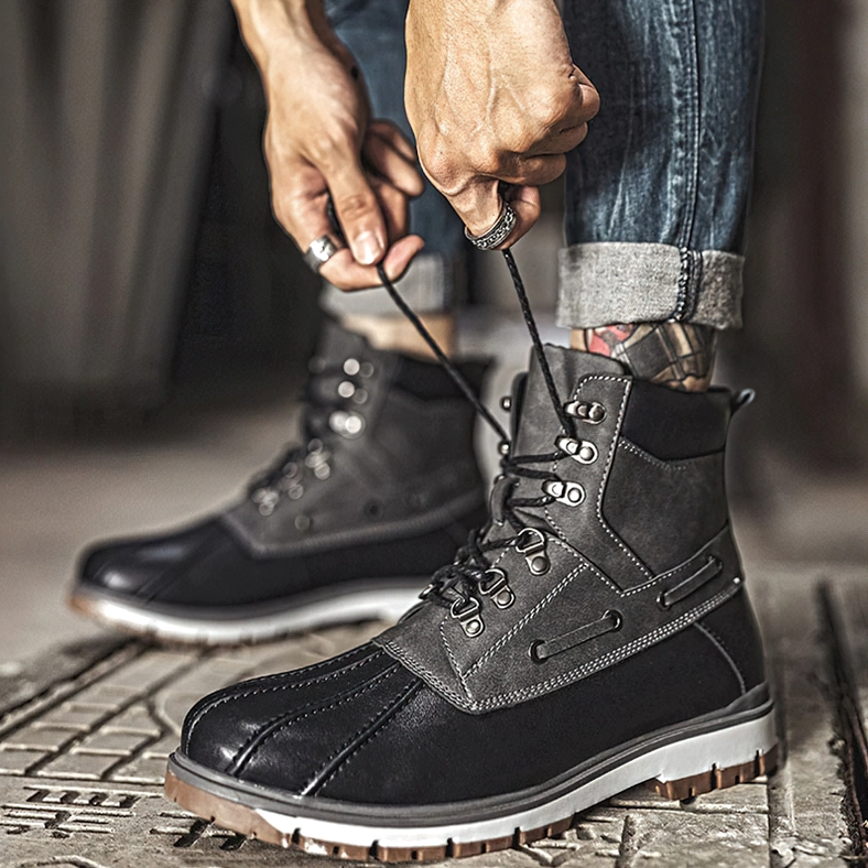 Dark gray gothic outdoor boots waterproof construction sealed seams detail