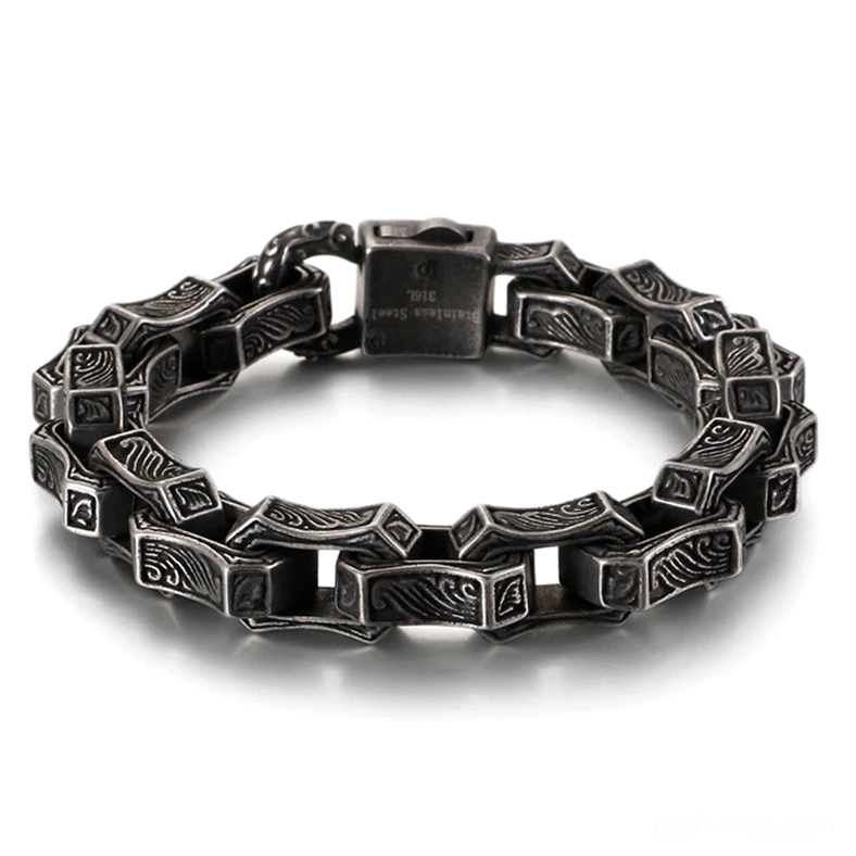 Dark gray gothic engraved stainless steel chain bracelet front view