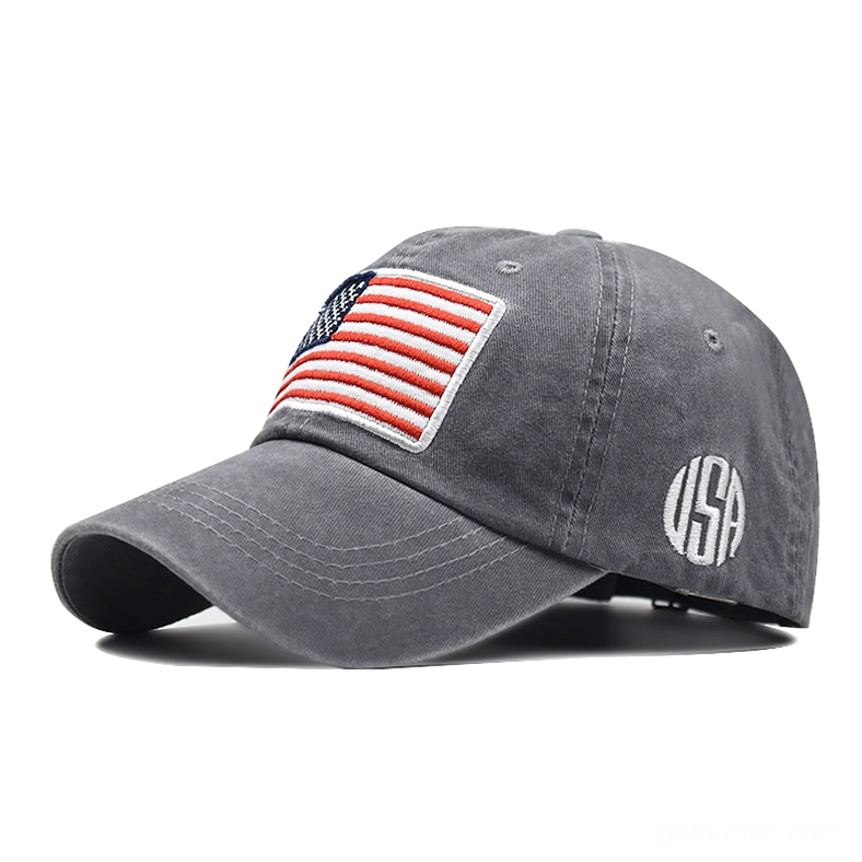 Dark gray washed cotton gothic USA flag baseball cap with adjustable strap, studio lighting product shot