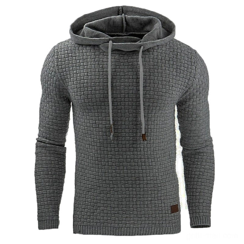 Dark gray grid-quilted goth hoodie sweatshirt with brown drawstring accents, men's casual alternative wear