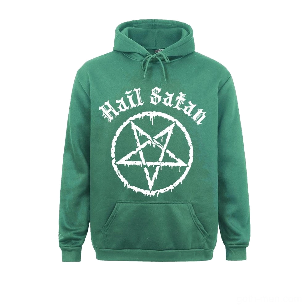 Dark forest green goth hoodie with white pentagram and gothic typography print, unisex streetwear design