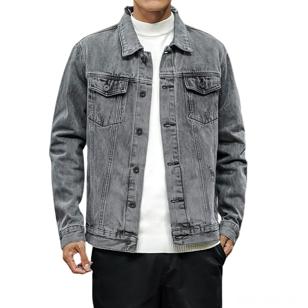 Dark grey washed denim jacket on model front view - gothic alternative men's outerwear with chest pockets and turn-down collar